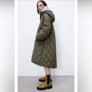 Zara Olive Quilted Hooded Coat